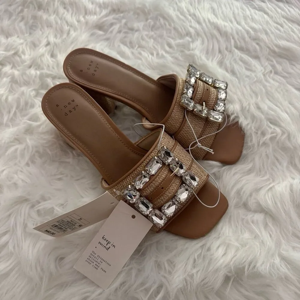 A New Day Kathleen Raffia Buckle Block Heels 7.5